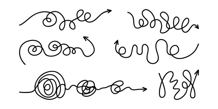 Scribble lines with arrow - continuous flowing thread that twists and turns. Isolated tangled lines with arrows. Set tangled arrows, hand drawn doodle arrows set.