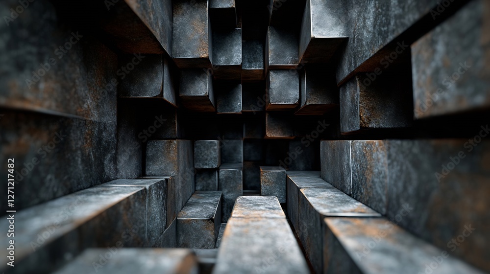 Leinwandbilder unique abstract composition of textured blocks in dark tones with a futuristic feel : generative ai