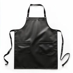A realistic black apron with two front pockets, adjustable neck strap, and detailed fabric texture, isolated on a white background.