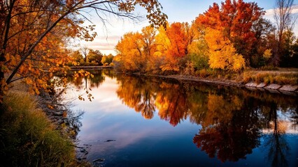 Beautiful autumn reflection along Boise River in Boise, Idaho, USA on a fine autumn evening.

