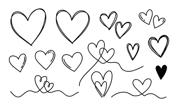 Naklejki Doodle simple different hearts set, romantic love linear elements for Valentine's Day projects. Handdrawn vector black hearts on white background. For cute prints, social media, and romantic designs.