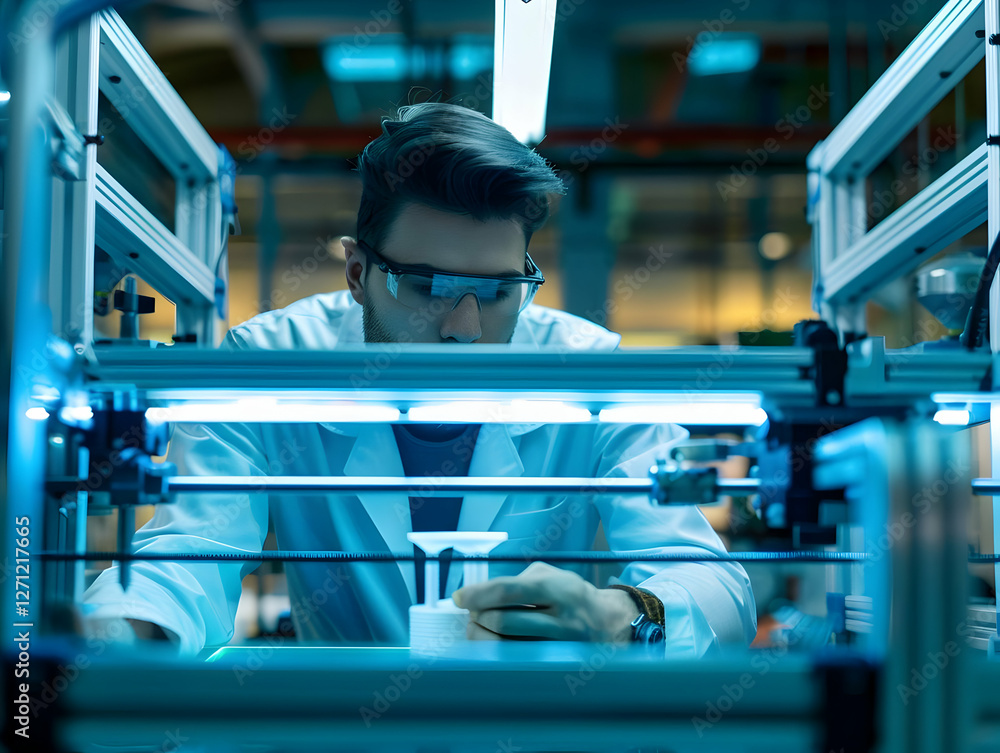 Poster scientist examining a 3d-printed object in a high-tech laboratory setting