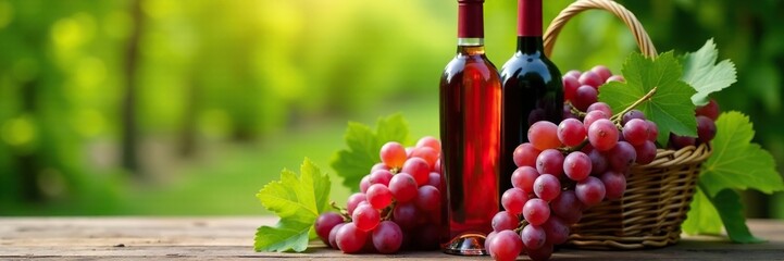 Obraz premium Grapes in a wine basket next to red wine bottles, greenery, red wine