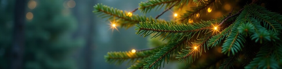 Radiant branches of a majestic evergreen Christmas tree glowing softly, glow, tree, gentle