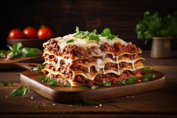 Wooden table with lasagna