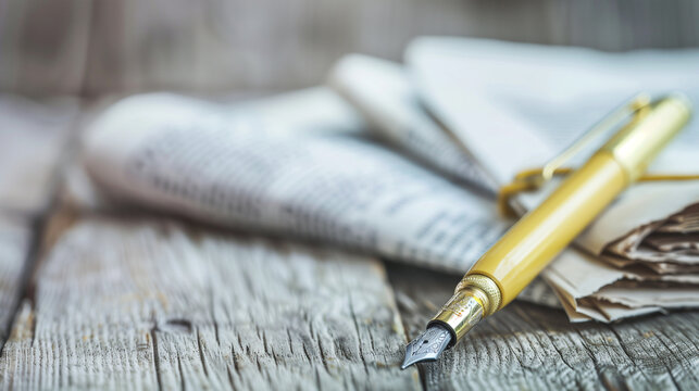 Close-Up of a Journalist's Pen and Notebook on a Wooden Desk with Blurred Newspaper Clippings in the Background, Symbolizing Press Restrictions