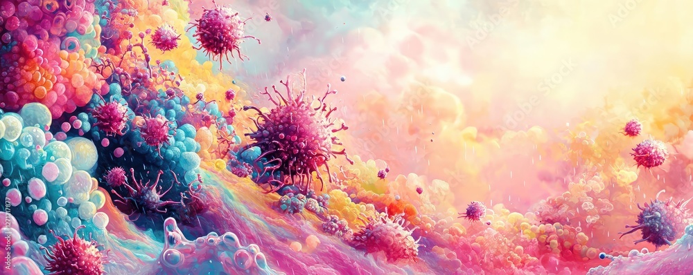 Poster Acid rain climate change idea. A vibrant abstract representation of microorganisms in a colorful universe.