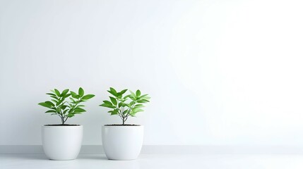 Fototapeta premium Two Green Plants in White Pots Against a White Wall