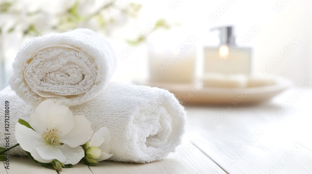 Poster fresh white towels rolled neatly with beautiful flowers and relaxing spa elements for ultimate comfo