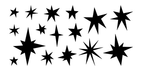 Handdrawn irregular stars set. Perfect for logos, prints, stickers, social media, and creative designs. Vector unique, artistic, and versatile sharp stars and sparkles, isolated on white background.