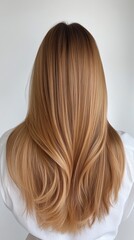 Naklejka premium Beautiful model girl with blond hair strand,silky healthy chestnut wavy hair strand,hair wavy ribbon, with smooth,Keratin straightening,Treatment,straight long hair,procedures,Smooth hairstyle.