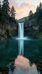 Fototapeta premium Waterfall reflections on a serene lake at dawn, nature, peaceful