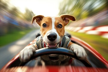 Energetic jack russell terrier driving toy car at speed
