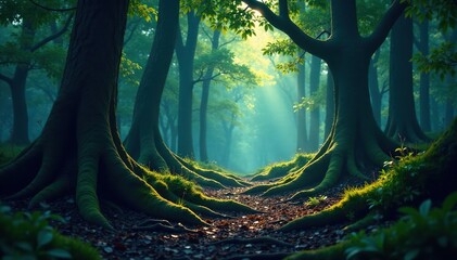 Dark and foreboding forest with twisted roots, landscape, undergrowth, roots