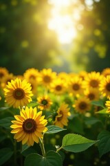 Fototapeta premium Dappled sunlight filters through petals of sunflower flowers, natural, sunlight