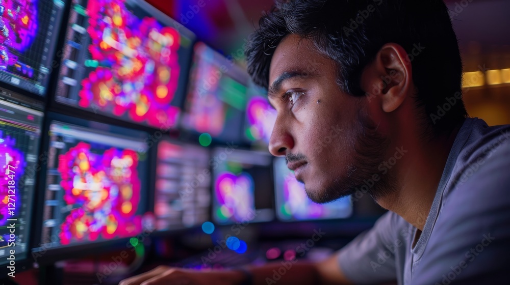 Poster A young man sits at a desk, intensely analyzing vibrant graphs and charts displayed on multiple monitors, immersed in his work in a modern, tech savvy space during the evening.