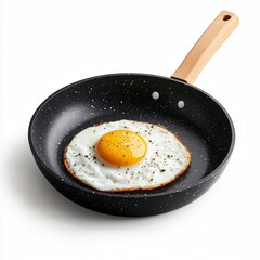 A realistic frying pan with a sunny-side-up fried egg, black speckled non-stick surface, and wooden handle, isolated on a white background.