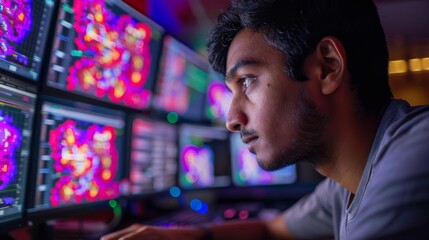 A young man sits at a desk, intensely analyzing vibrant graphs and charts displayed on multiple monitors, immersed in his work in a modern, tech savvy space during the evening.