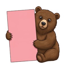 AI Generated Cute Cartoon Bear Holding a Pink Sign  Whimsical Animal Illustration  Friendly  Joyful  Greeting  Message  Space for Text  Design Element  Clip Art