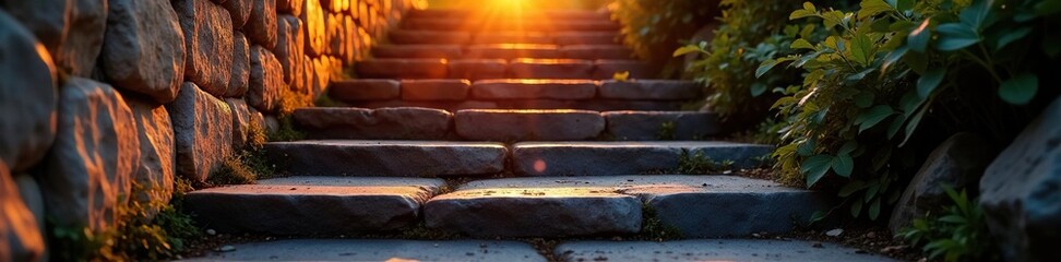 Softly glowing light on weathered stone steps at sunset, ambiance, light