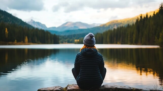 Contemplative woman sitting by a tranquil lake surrounded by mountains and forests at sunset : Generative AI - Powered by Adobe