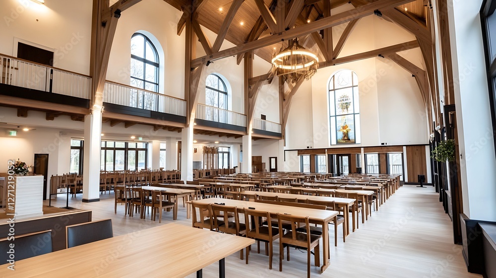 Poster spacious and elegant event hall with wooden beams and abundant natural light : generative ai