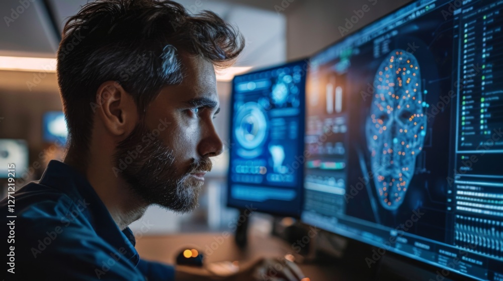 Poster A man with a beard closely examines intricate facial recognition algorithms on several computer monitors in a sleek, dimly lit office.