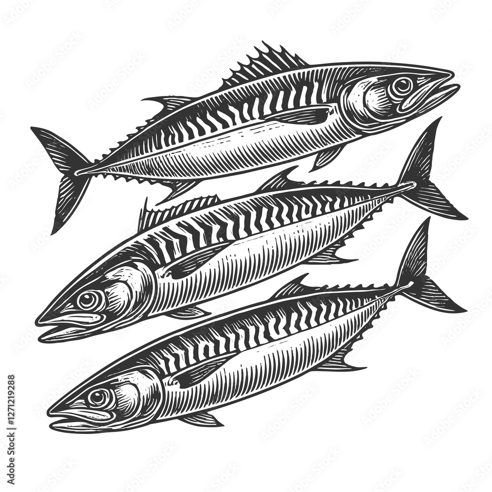 Poster mackerel fish, featuring intricate line work and realistic texture, isolated on white sketch engravi