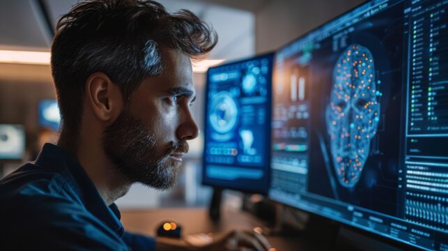 A man with a beard closely examines intricate facial recognition algorithms on several computer monitors in a sleek, dimly lit office.