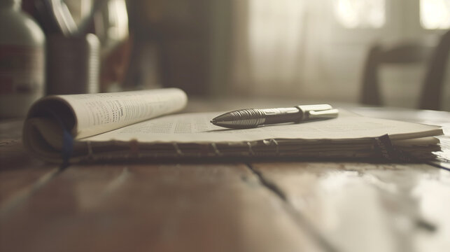 Close-Up of a Journalist's Pen and Notebook on a Wooden Desk with Blurred Newspaper Clippings in the Background, Symbolizing Press Restrictions