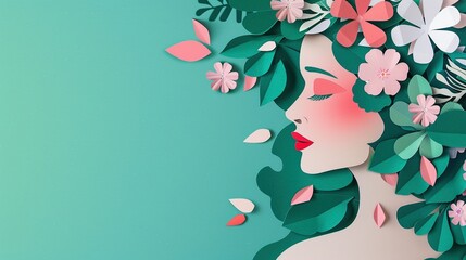 Beautiful woman's portrait in paper art style with floral elements, turquoise background, and paper cut technique. Vector illustration featuring a side view,