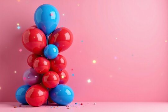 Balloon column on pink background with red and blue balloons surrounding it with glitter effects, colorful, decoration
