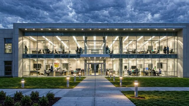Timelapse de un moderno edificio de laboratorio con cient&iacute;ficos trabajando en su interior. Vista exterior de un laboratorio contempor&aacute;neo con espacios de trabajo iluminados e investigadores trabajando