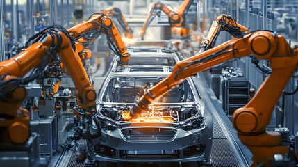 Fototapeta premium Advanced robotic assembly line in automotive factory showcasing car manufacturing process