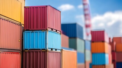 Colorful cargo containers stacked at a shipping yard with a blurred background and blue sky : Generative AI