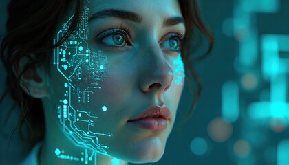 Young woman with AI circuit on face, concept of future tech, machine learning, neural networks. Artificial intelligence, data analysis, digital transformation, face recognition. Biometric cyber