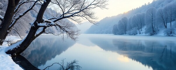 bare winter tree branches reflected in a frozen lake, frost, winter