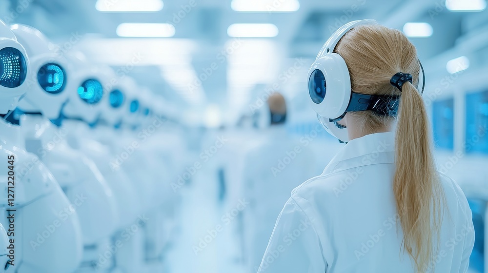 Poster automated systems technician in smart factories, skilled in robotics maintenance, sensor troubleshoo