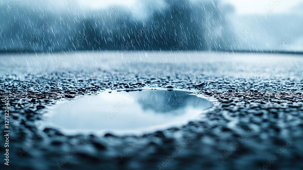 Poster acid rain climate change concept. a close-up of a rainwater puddle reflecting a moody sky during a r
