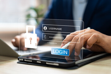 Cybersecurity protects login and secure internet access, Businessman secure data on laptop with encryption and network protection. Secure login and digital privacy, Business confidentiality.