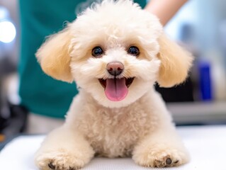 Adorable fluffy dog with cheerful expression at grooming salon