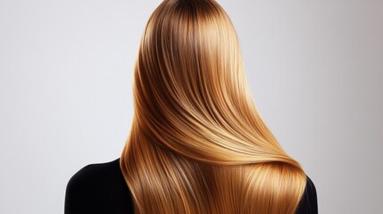 Fototapeta premium Beautiful model girl with blond hair strand,silky healthy chestnut wavy hair strand,hair wavy ribbon, with smooth,Keratin straightening,Treatment,straight long hair,procedures,Smooth hairstyle.