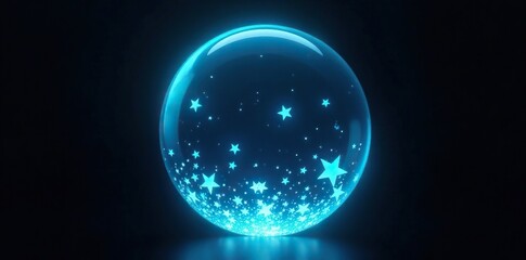 Obraz premium Random Size White Stars Inside a Glow Aqua Blue Circle Bubble on Black Background, illuminated, glow aqua blue, luminous