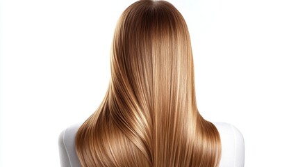 Naklejka premium Beautiful model girl with blond hair strand,silky healthy chestnut wavy hair strand,hair wavy ribbon, with smooth,Keratin straightening,Treatment,straight long hair,procedures,Smooth hairstyle.