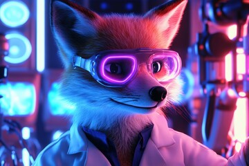Anthropomorphic fox scientist wearing neon goggles in futuristic lab setting