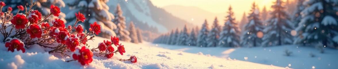 Snowy landscape with red flowers and a festive atmosphere, winter, warm sunlight, evergreen trees