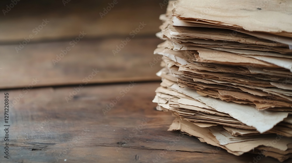 Poster stack of aged papers on rustic wooden table evokes nostalgia and history : generative ai
