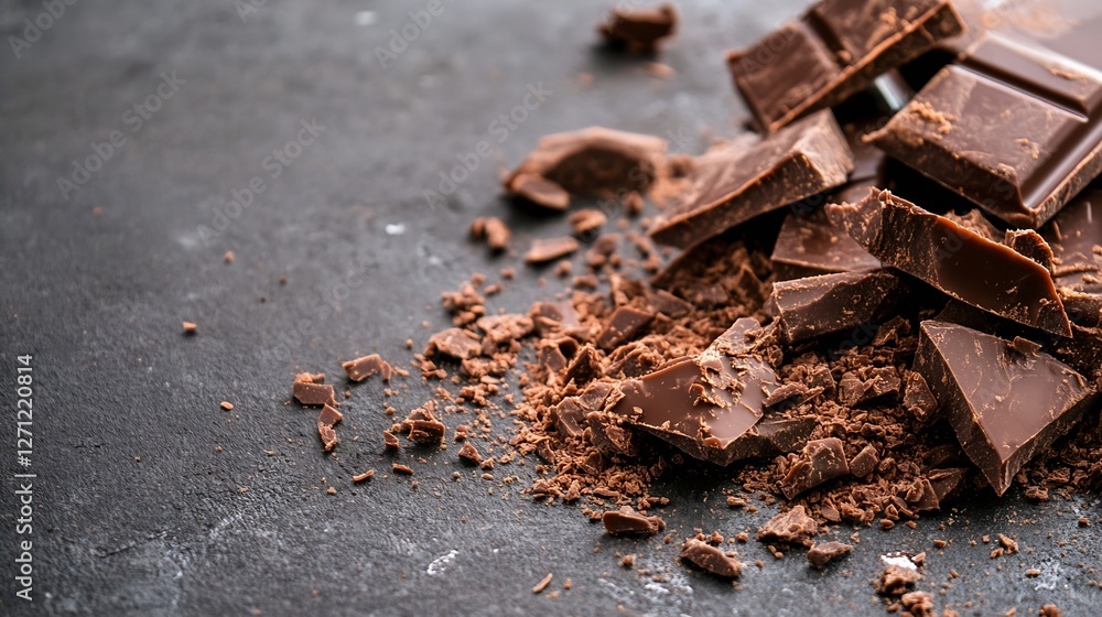 Poster delicious dark chocolate pieces stacked on a dark surface with cocoa flakes scattered around for an 