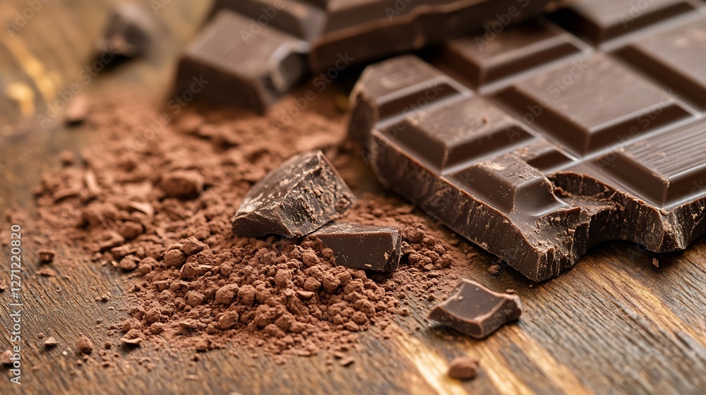 Poster rich dark chocolate broken into pieces with cocoa powder on a rustic wooden surface showcasing indul