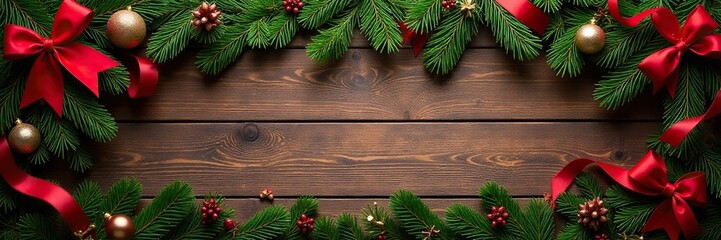 Wooden Christmas border adorned with fir branches, ribbons, and bows, festive, bows